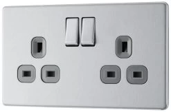 GoodHome Brushed Steel Double 13A Socket & Grey Inserts, Pack Of 5