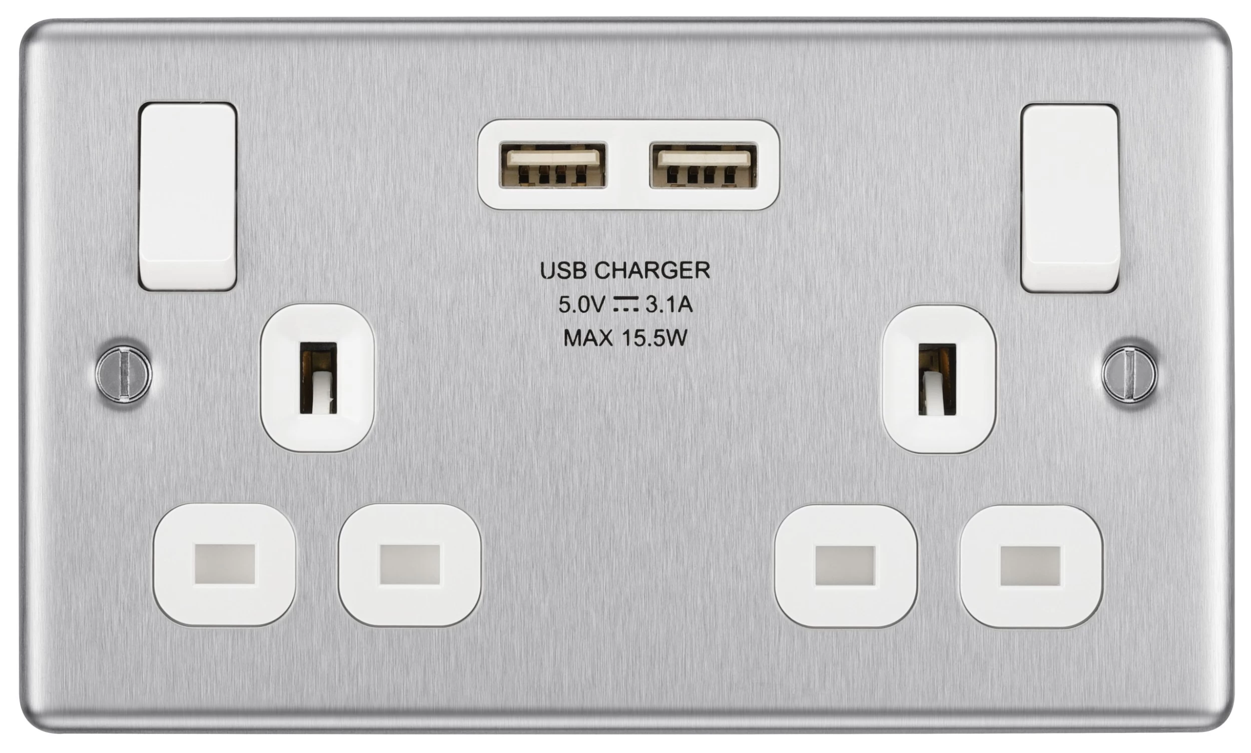 GoodHome Brushed Steel Double 13A Switched Socket With USB X2 3.1A & White Inserts 3 GoodHome Brushed Steel Double 13A Switched Socket With USB X2 3.1A & White Inserts