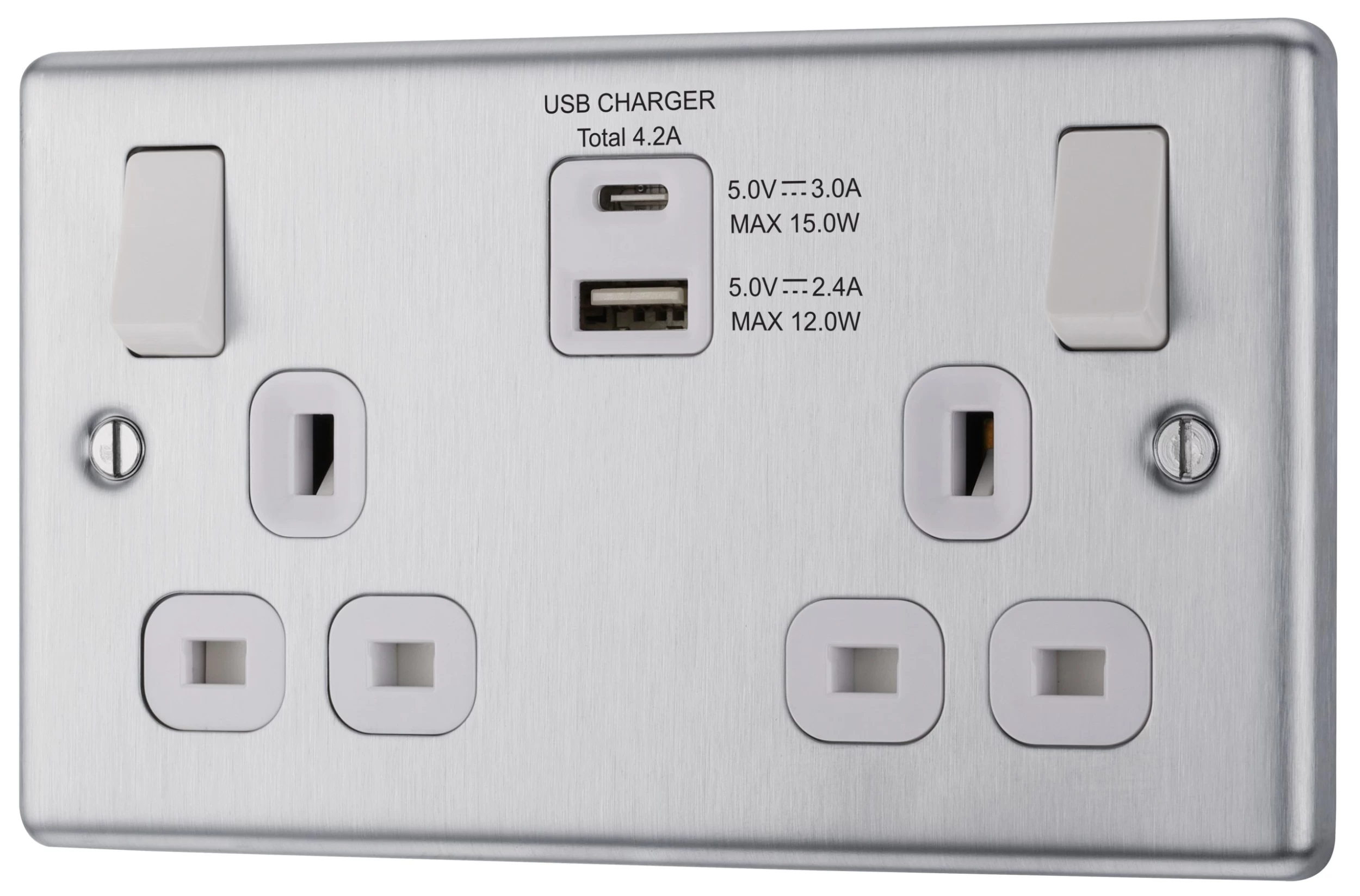 GoodHome Brushed Steel Double 13A Switched Socket With USB X2 4.2A & White Inserts 3 GoodHome Brushed Steel Double 13A Switched Socket With USB X2 4.2A & White Inserts