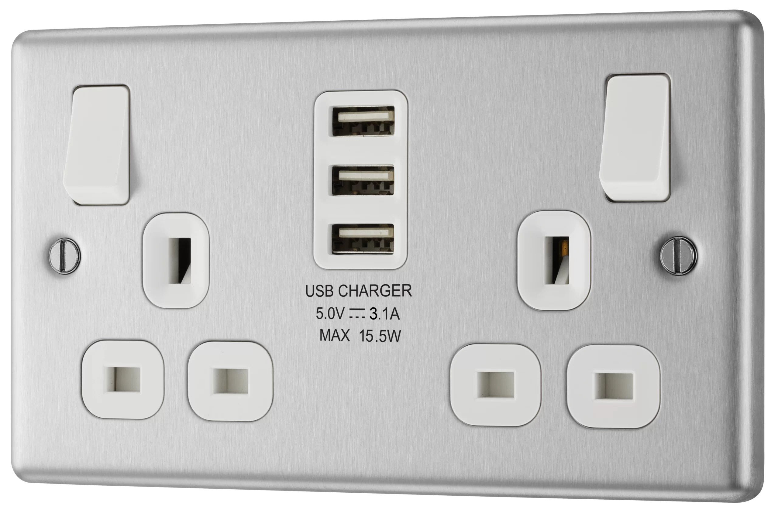 GoodHome Brushed Steel Double 13A Switched Socket With USB X3 & White Inserts 3 GoodHome Brushed Steel Double 13A Switched Socket With USB X3 & White Inserts