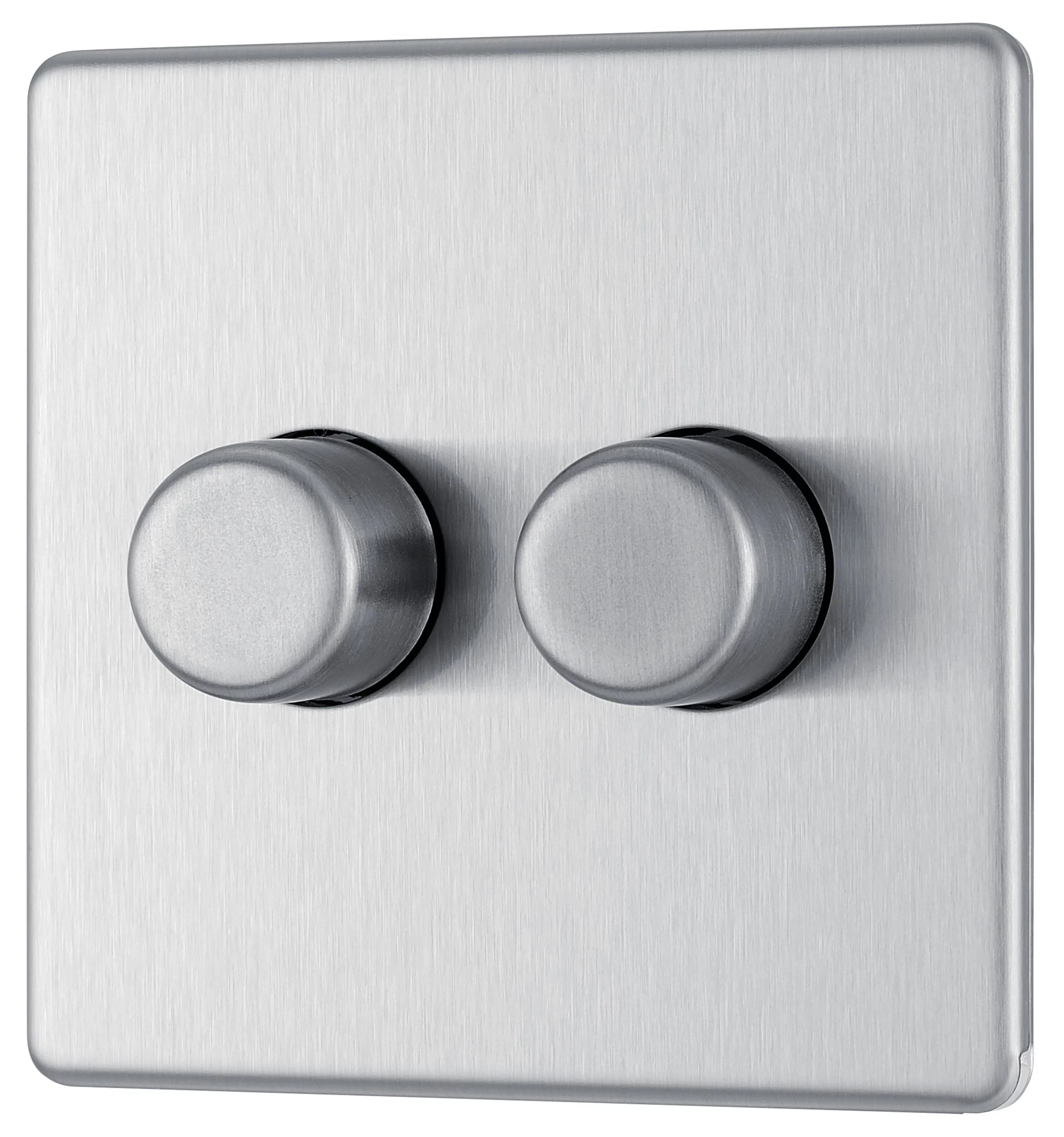 GoodHome Brushed Steel Flat Profile Double 2 Way 400W Screwless Dimmer Switch 3 GoodHome Brushed Steel Flat Profile Double 2 Way 400W Screwless Dimmer Switch