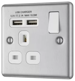 GoodHome Brushed Steel Single 13A Switched Socket With USB X2 & White Inserts