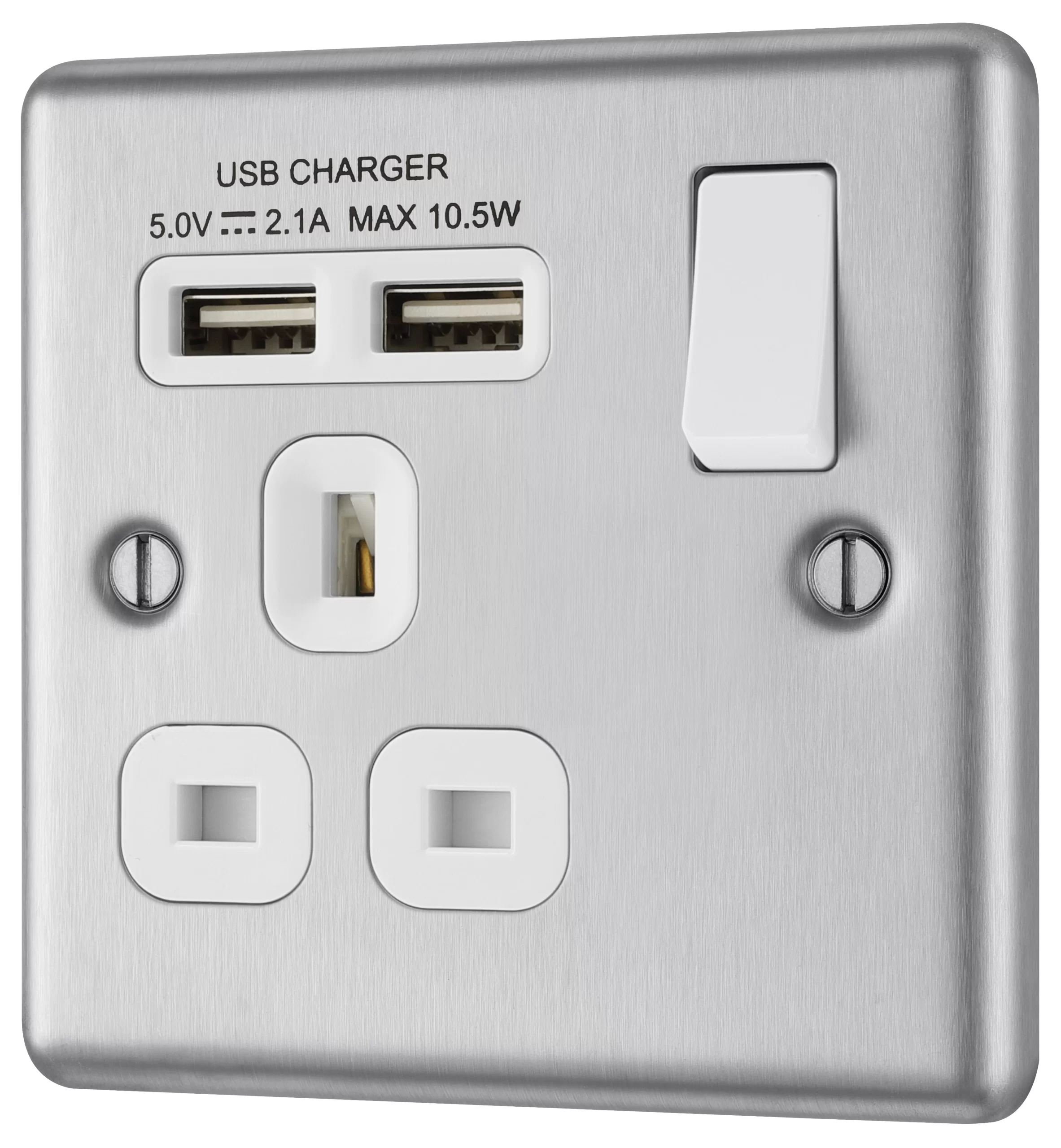 GoodHome Brushed Steel Single 13A Switched Socket With USB X2 & White Inserts 3 GoodHome Brushed Steel Single 13A Switched Socket With USB X2 & White Inserts
