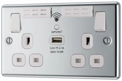 GoodHome Chrome 13A Raised Rounded Switched Double WiFi Extender Socket With USB