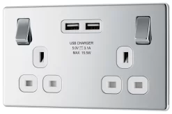 GoodHome Chrome Double 13A Screwless Switched Socket With USB X2 3.1A & White Inserts