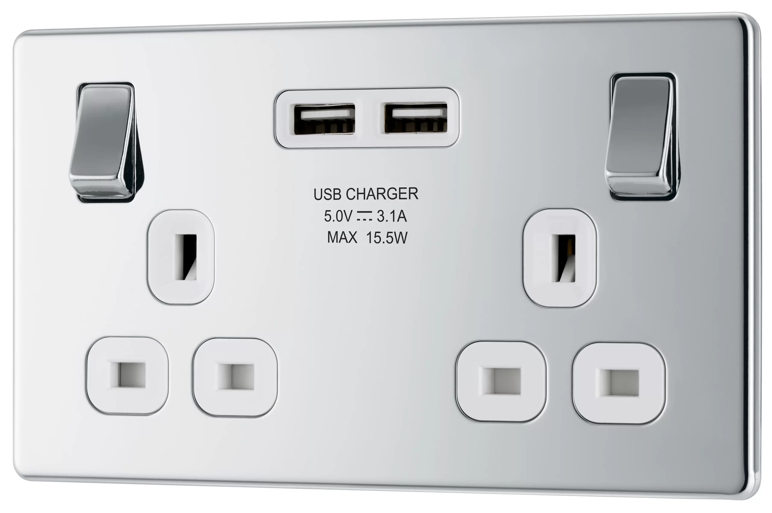 GoodHome Chrome Double 13A Screwless Switched Socket With USB X2 3.1A & White Inserts 3 GoodHome Chrome Double 13A Screwless Switched Socket With USB X2 3.1A & White Inserts