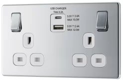 GoodHome Chrome Double 13A Screwless Switched Socket With USB X2 4.2A & White Inserts