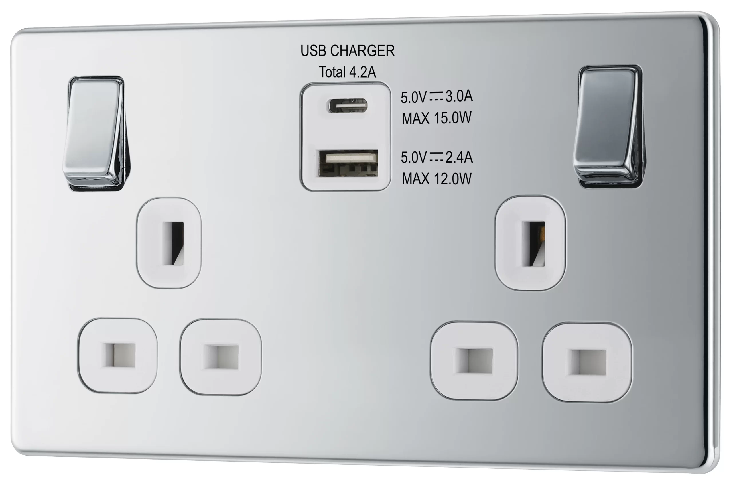 GoodHome Chrome Double 13A Screwless Switched Socket With USB X2 4.2A & White Inserts 3 GoodHome Chrome Double 13A Screwless Switched Socket With USB X2 4.2A & White Inserts