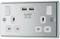 GoodHome Chrome Double 13A Switched Socket With USB X2 3.1A & White Inserts