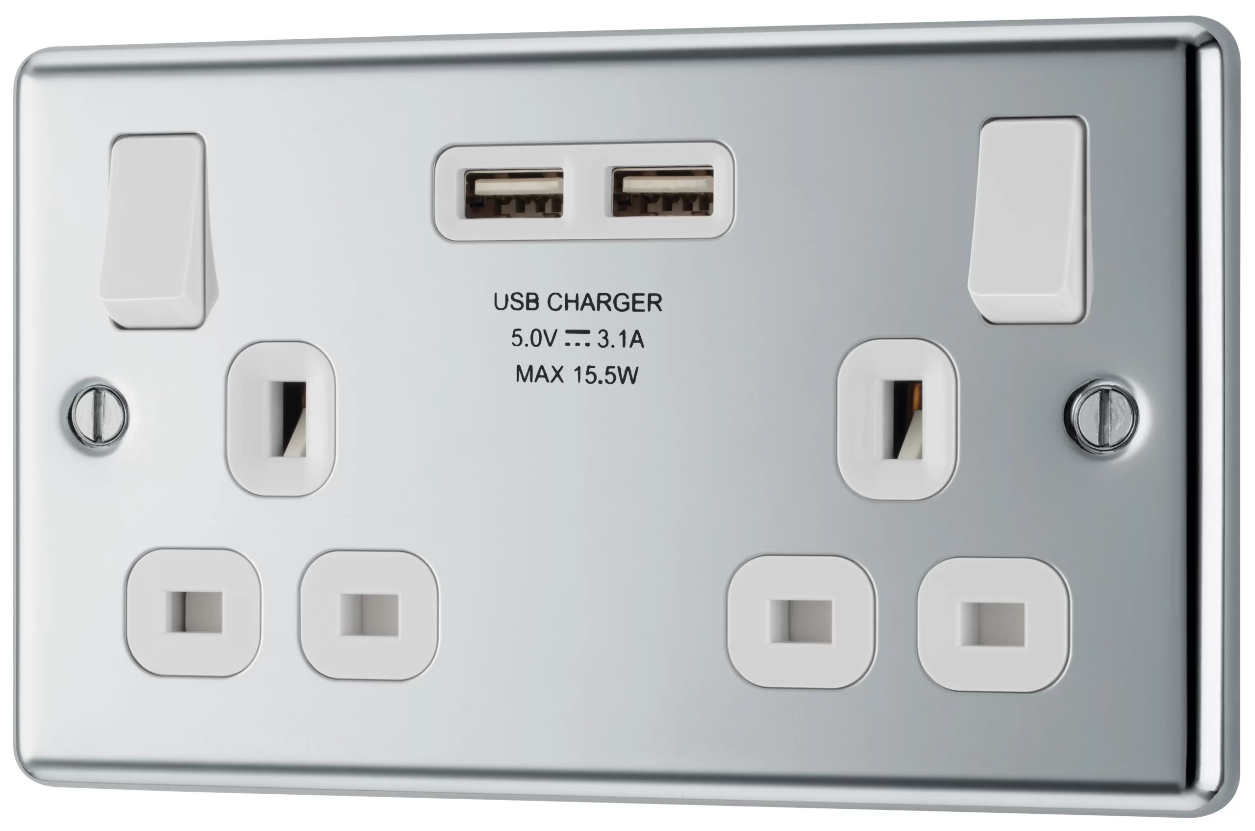 GoodHome Chrome Double 13A Switched Socket With USB X2 3.1A & White Inserts 3 GoodHome Chrome Double 13A Switched Socket With USB X2 3.1A & White Inserts