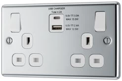 GoodHome Chrome Double 13A Switched Socket With USB X2 4.2A & White Inserts