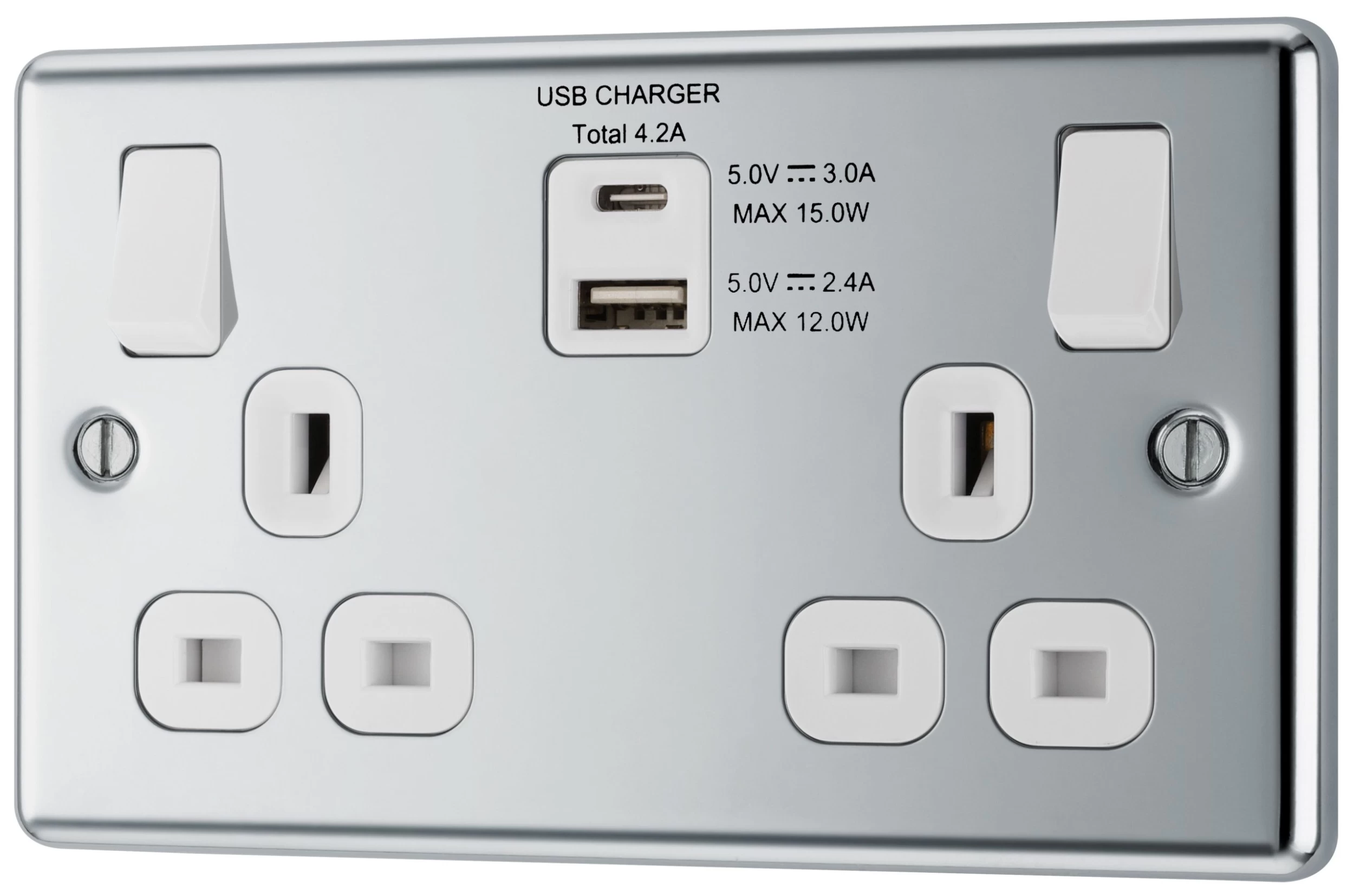GoodHome Chrome Double 13A Switched Socket With USB X2 4.2A & White Inserts 3 GoodHome Chrome Double 13A Switched Socket With USB X2 4.2A & White Inserts