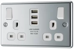 GoodHome Chrome Double 13A Switched Socket With USB X3 & White Inserts