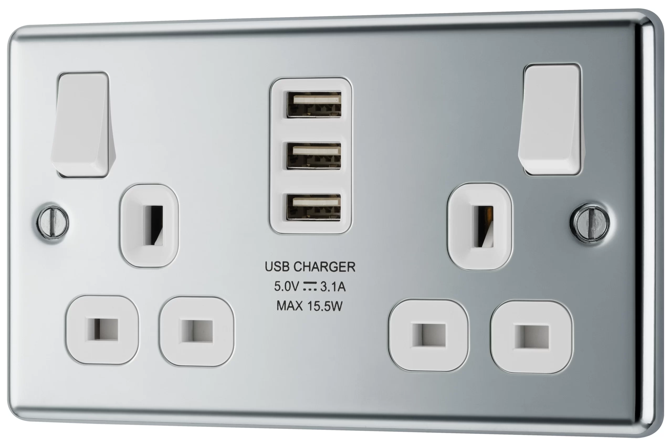 GoodHome Chrome Double 13A Switched Socket With USB X3 & White Inserts 3 GoodHome Chrome Double 13A Switched Socket With USB X3 & White Inserts