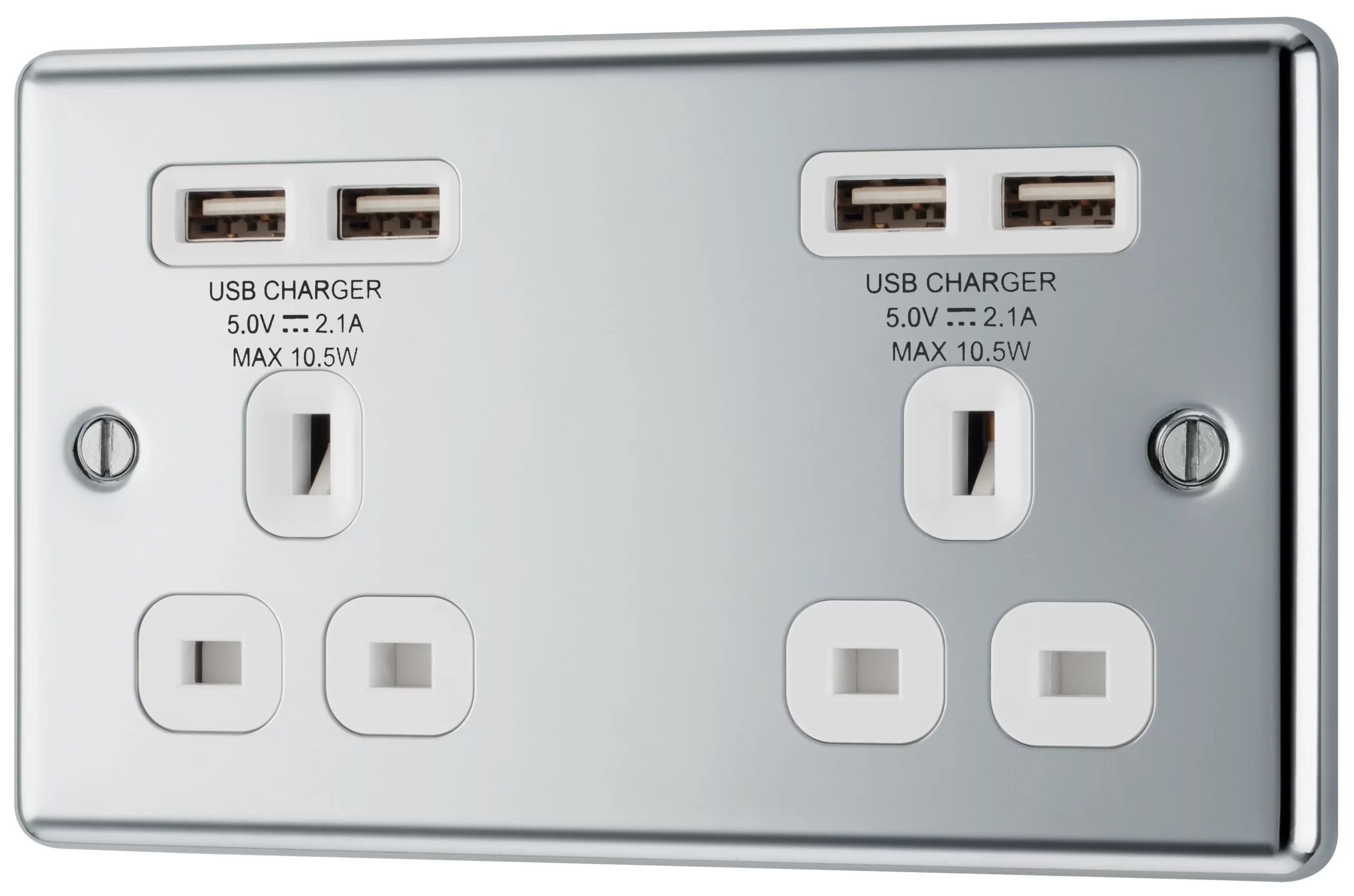 GoodHome Chrome Double 13A Unswitched Socket With USB X4 & White Inserts 3 GoodHome Chrome Double 13A Unswitched Socket With USB X4 & White Inserts