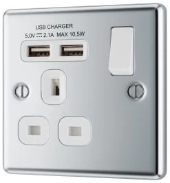 GoodHome Chrome Single 13A Switched Socket With USB X2 & White Inserts