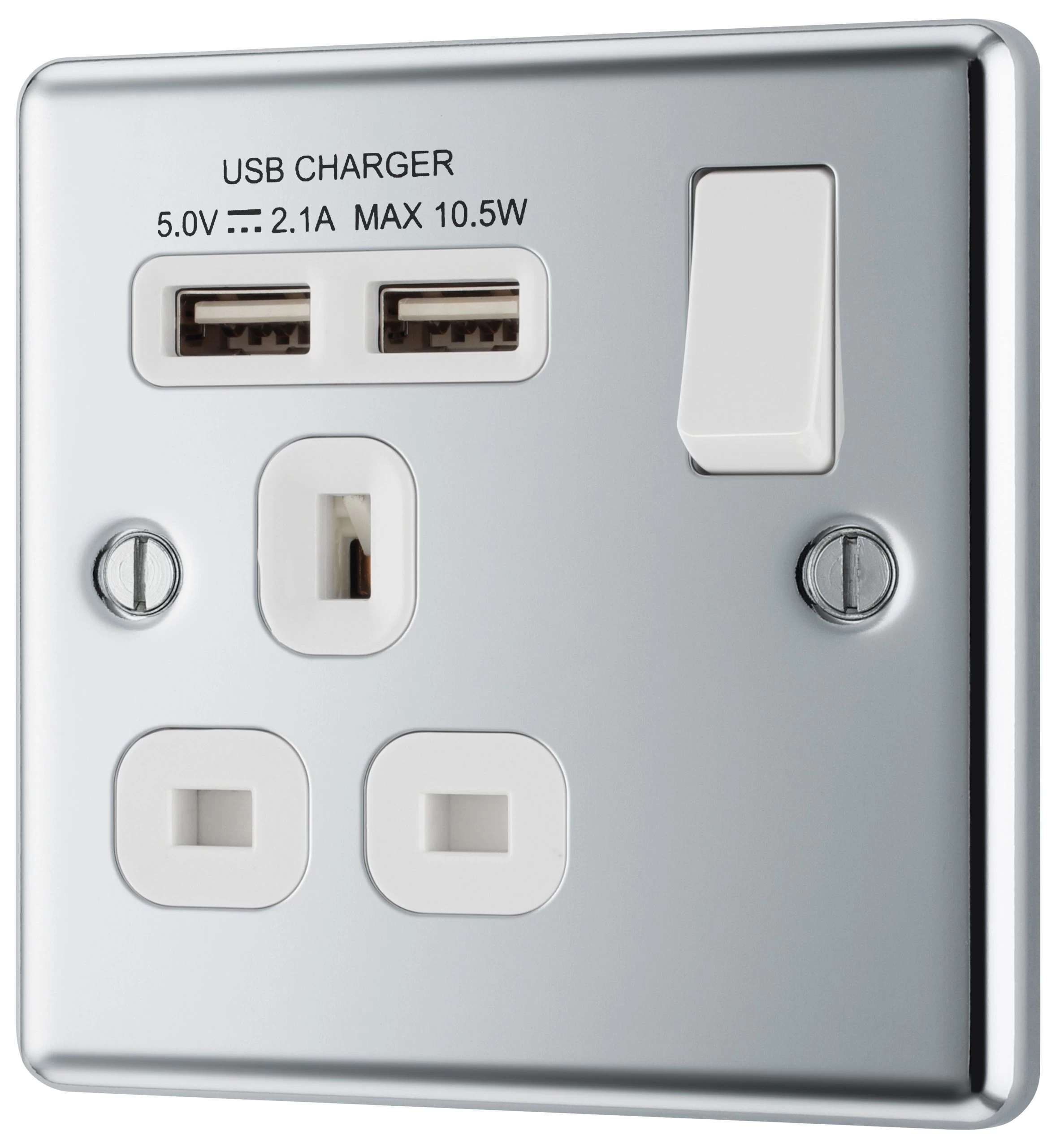 GoodHome Chrome Single 13A Switched Socket With USB X2 & White Inserts 3 GoodHome Chrome Single 13A Switched Socket With USB X2 & White Inserts