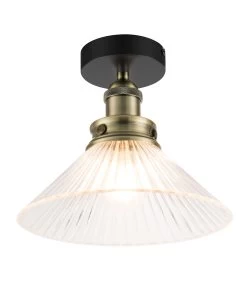 GoodHome Helston Round Matt Glass & Metal Black & Clear Antique Brass Effect LED Ceiling Light