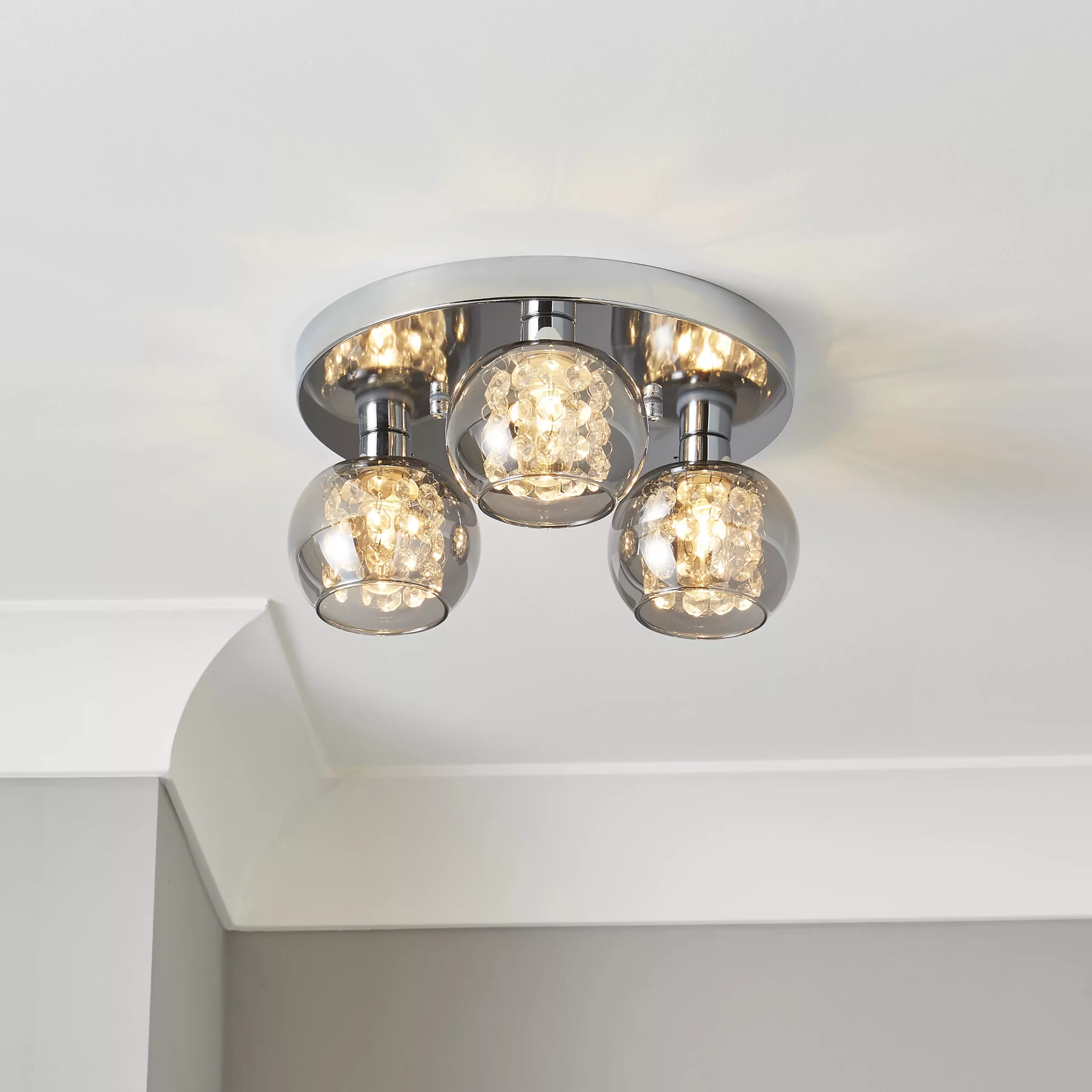 Inlight Guava Beaded Glass & Steel Chrome & Smoked Glass Effect 3 Lamp Bathroom LED Ceiling Light 3 Inlight Guava Beaded Glass & Steel Chrome & Smoked Glass Effect 3 Lamp Bathroom LED Ceiling Light