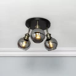 Inlight Mebel Brushed Satin Glass & Metal Antique Brass Effect 3 Lamp Ceiling Light