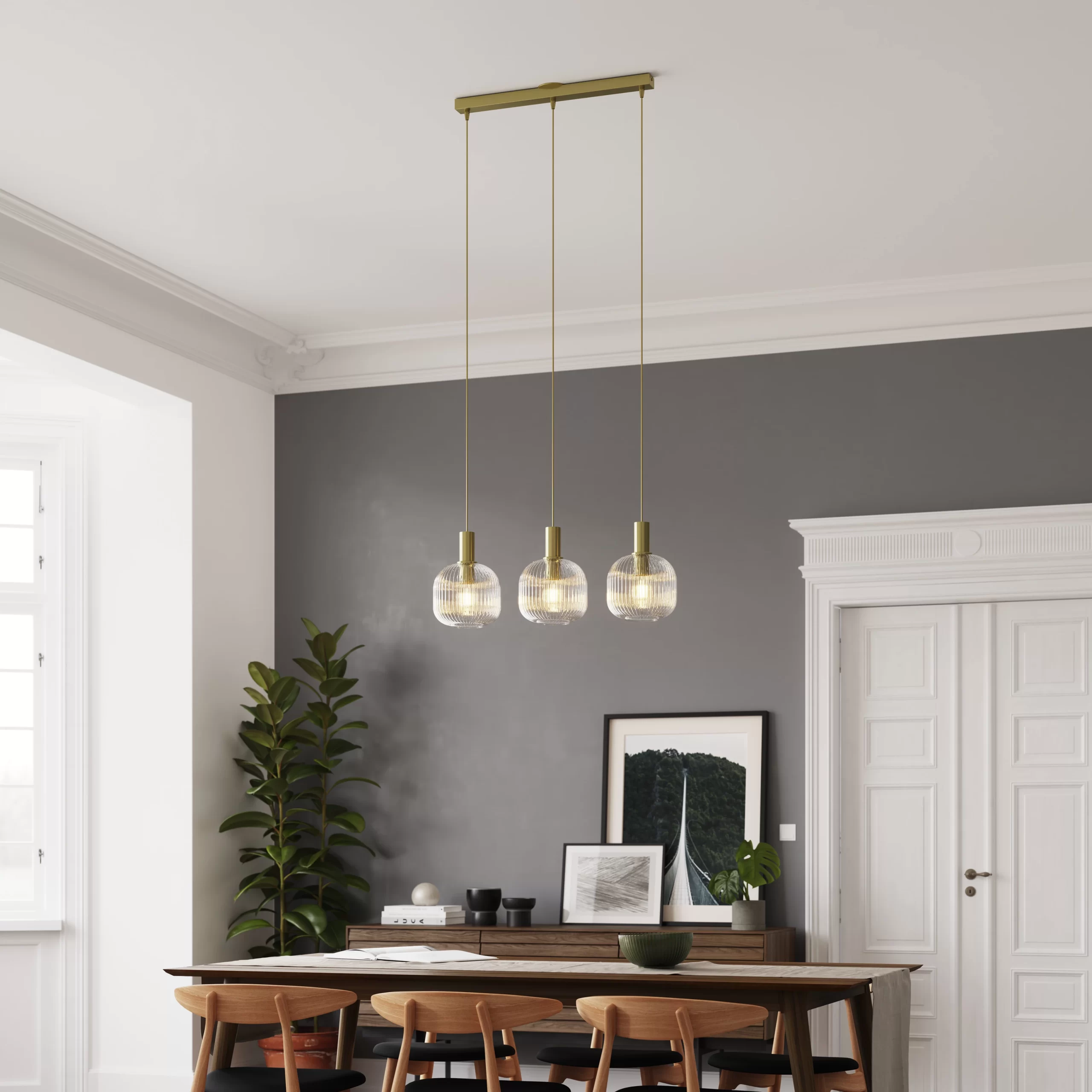 Lybia Satin Brass 3 Lamp Pendant Ceiling Light, (Dia)740mm 3 Lybia Satin Brass 3 Lamp Pendant Ceiling Light, (Dia)740mm