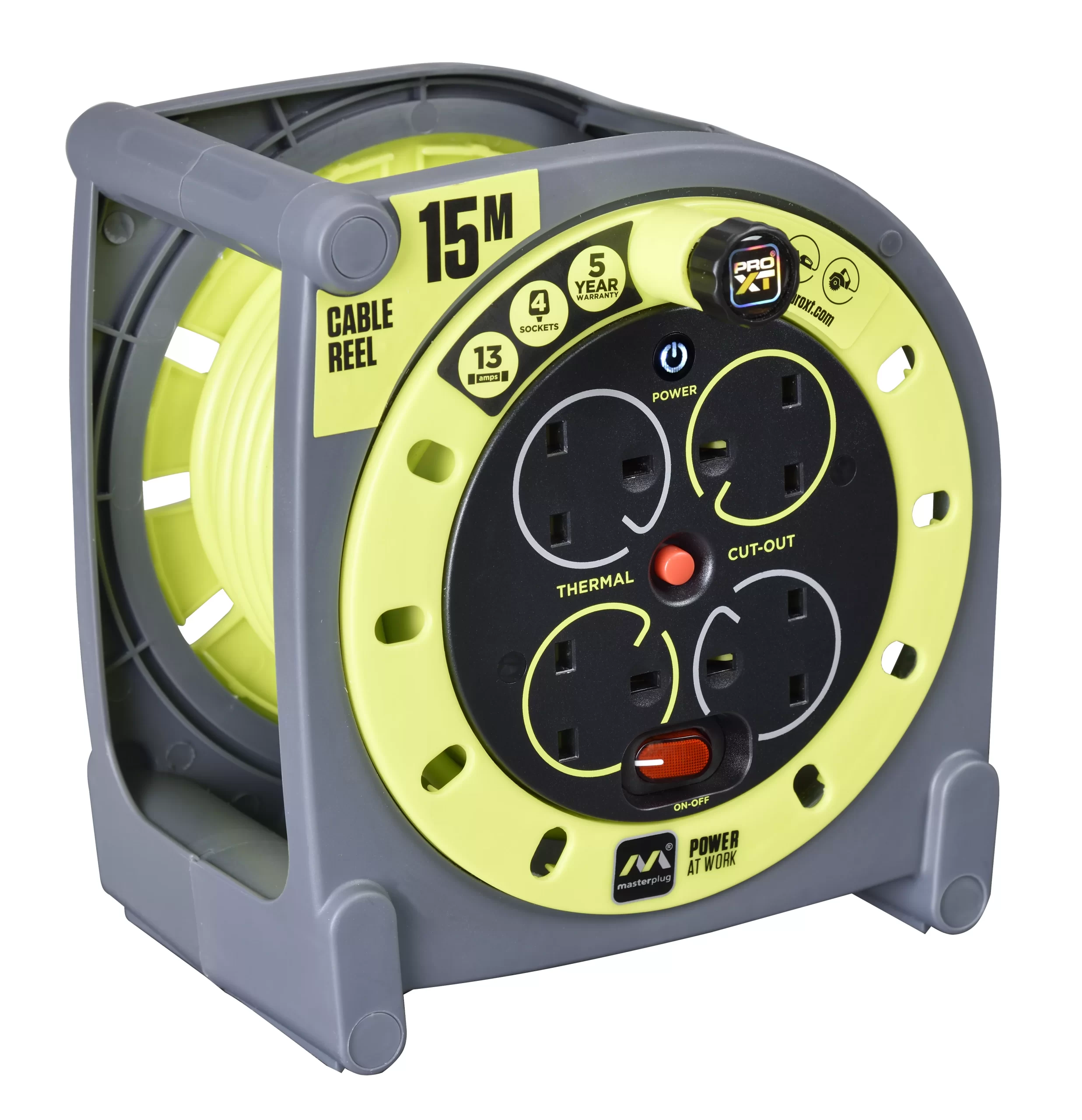 Masterplug 4 Socket Grey & Green Indoor & Outdoor Cable Reel, 15m 3 Masterplug 4 Socket Grey & Green Indoor & Outdoor Cable Reel, 15m