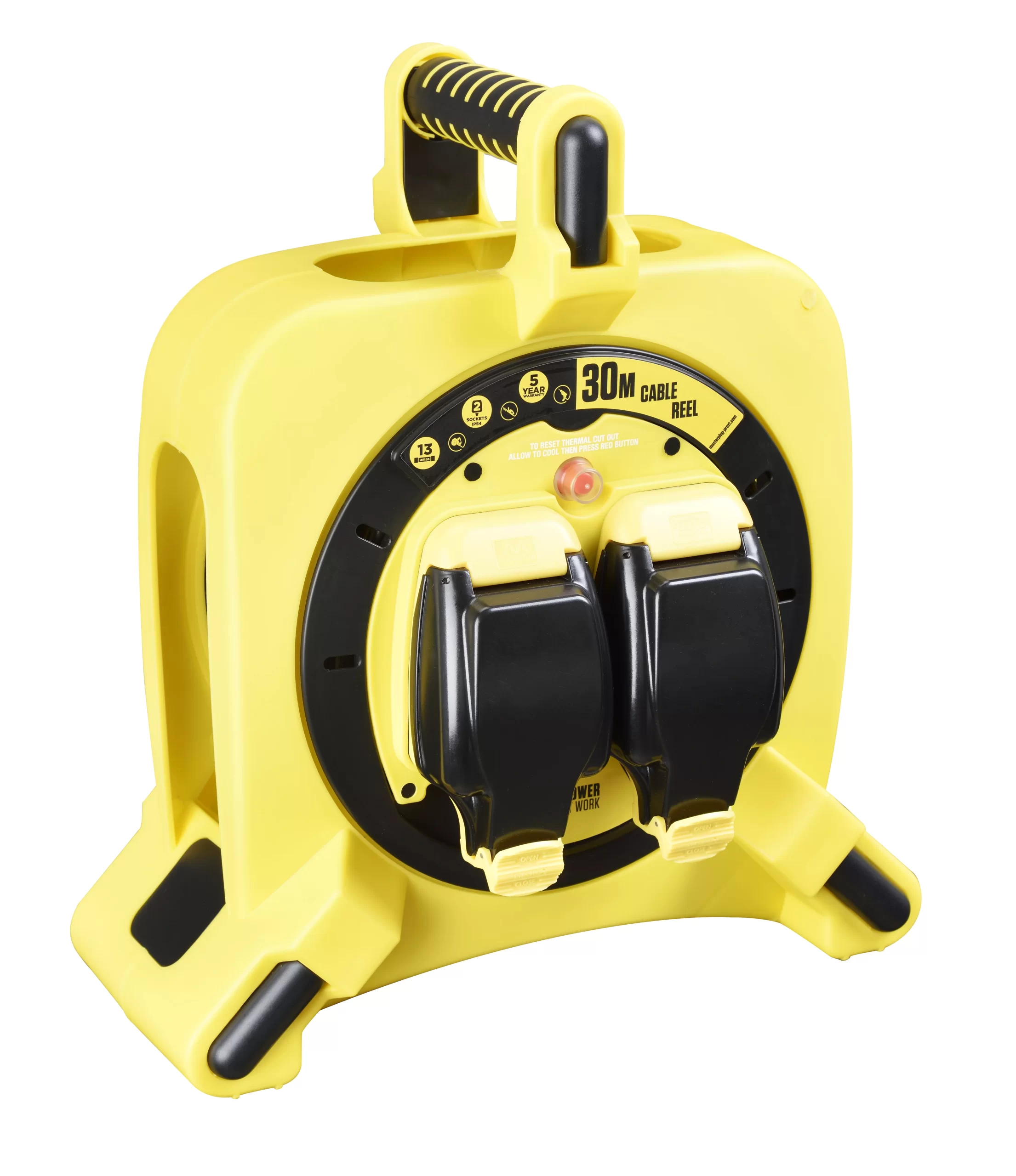 Masterplug IP54 Rated 2 Socket Yellow & Black Indoor & Outdoor Cable Reel, 30m 2 Masterplug IP54 Rated 2 Socket Yellow & Black Indoor & Outdoor Cable Reel, 30m