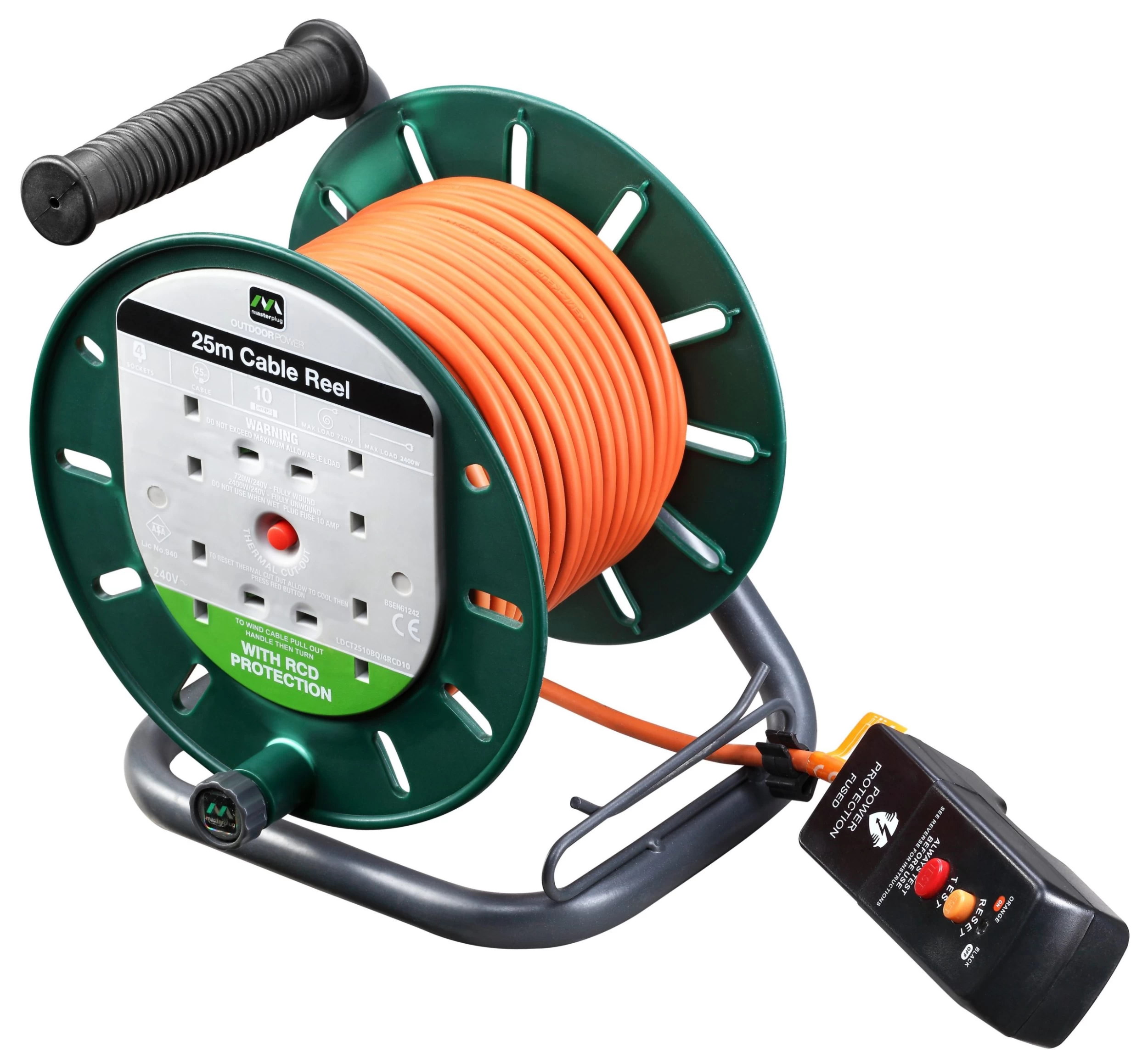 Masterplug Outdoor Power 4 Socket Green & Orange Outdoor Cable Reel, 25m 3 Masterplug Outdoor Power 4 Socket Green & Orange Outdoor Cable Reel, 25m