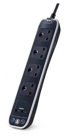 Masterplug Surge Black 4 Socket Extension Lead With USB, 1m