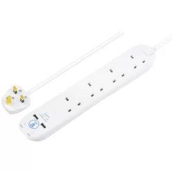 Masterplug Surge White 13A 4 Socket Extension Lead With USB, 1m