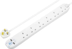 Masterplug Surge White 13A 6 Socket Extension Lead With USB, 1m