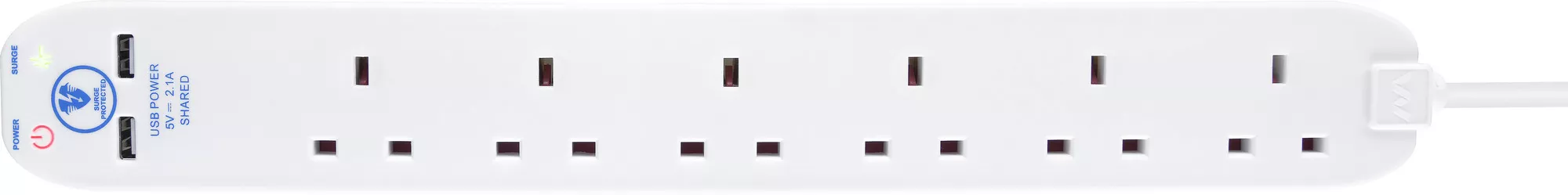 Masterplug Surge White 13A 6 Socket Extension Lead With USB, 1m 4 Masterplug Surge White 13A 6 Socket Extension Lead With USB, 1m - Image 2