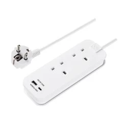 Masterplug White 13A 2 Socket Travel Extension Lead With USB, 0.45m