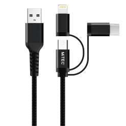 MiTEC USB A - Lightning, Micro-USB & USB C Charging Cable, 1m, Black