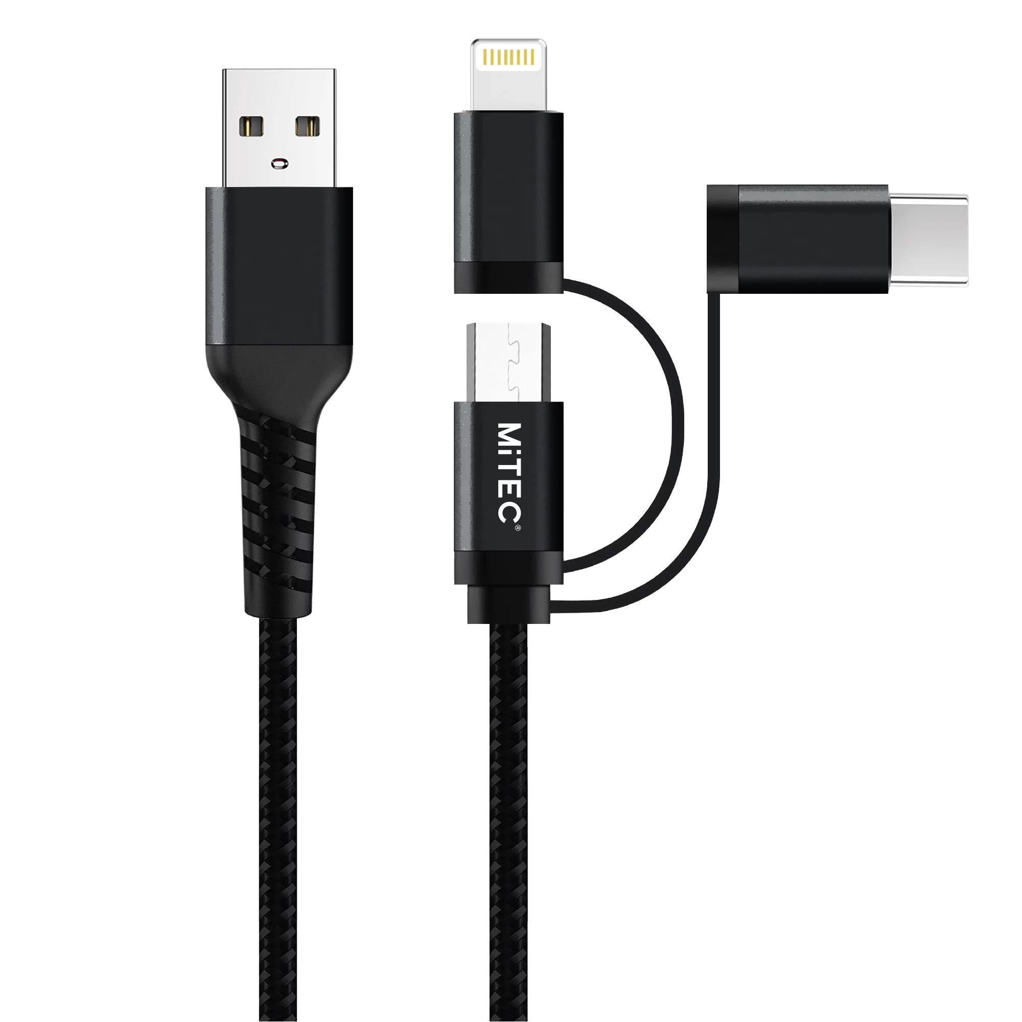 MiTEC USB A - Lightning, Micro-USB & USB C Charging Cable, 1m, Black 3 MiTEC USB A - Lightning, Micro-USB & USB C Charging Cable, 1m, Black