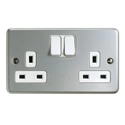 MK 13A Grey 2 Gang Switched Metal-clad Socket With White Inserts