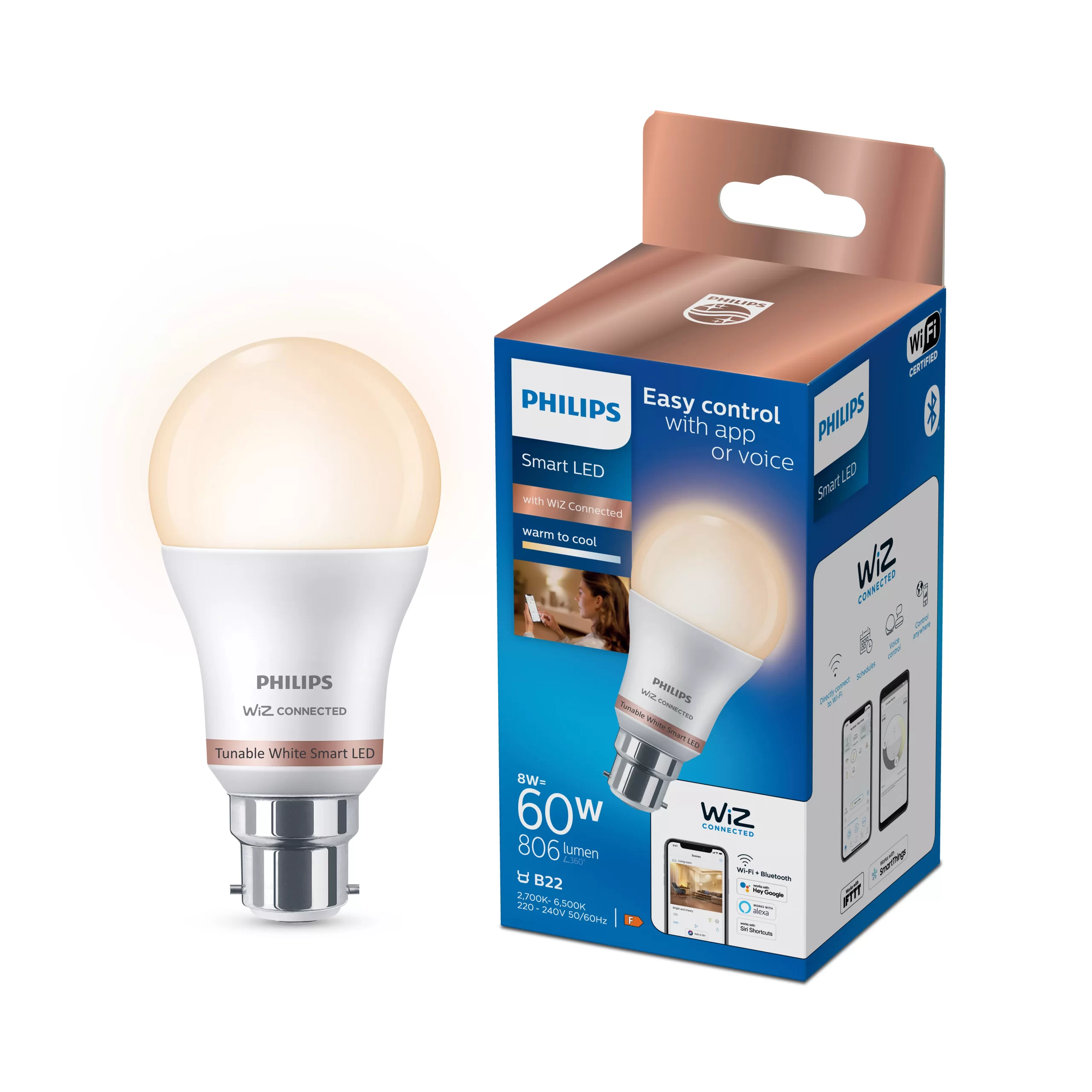 Philips WiZ B22 60W LED Cool White & Warm White A60 Smart Light Bulb 3 Philips WiZ B22 60W LED Cool White & Warm White A60 Smart Light Bulb