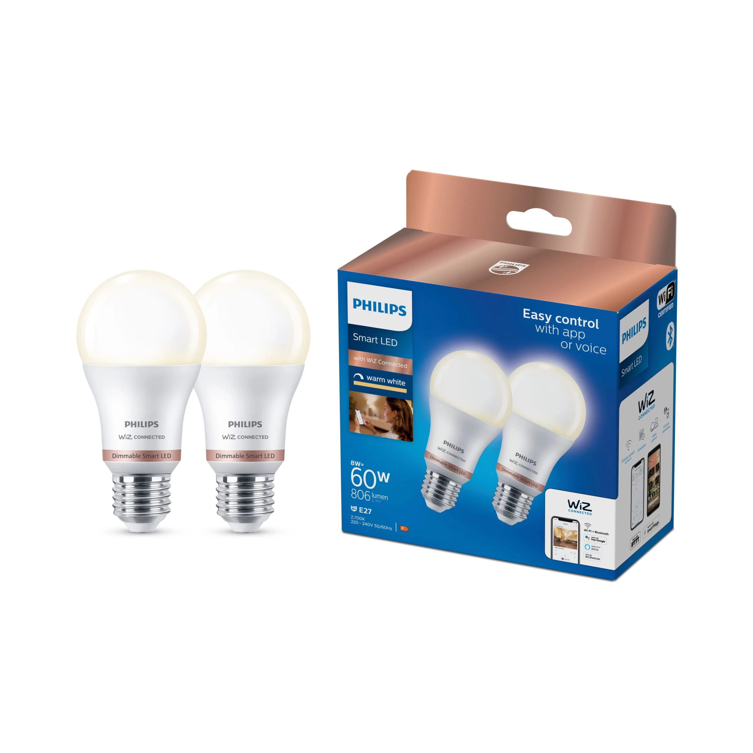 Philips WiZ E27 60W LED Cool White A60 Smart Light Bulb, Pack Of 2 3 Philips WiZ E27 60W LED Cool White A60 Smart Light Bulb, Pack Of 2