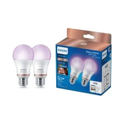 Philips WiZ E27 60W LED Cool White, RGB & Warm White A60 Smart Light Bulb, Pack Of 2