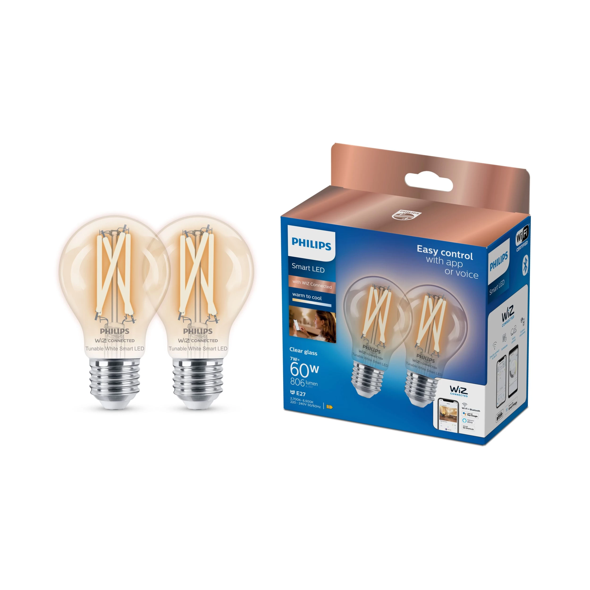 Philips WiZ E27 60W LED Cool White & Warm White A60 Filament Smart Light Bulb, Pack Of 2 3 Philips WiZ E27 60W LED Cool White & Warm White A60 Filament Smart Light Bulb, Pack Of 2