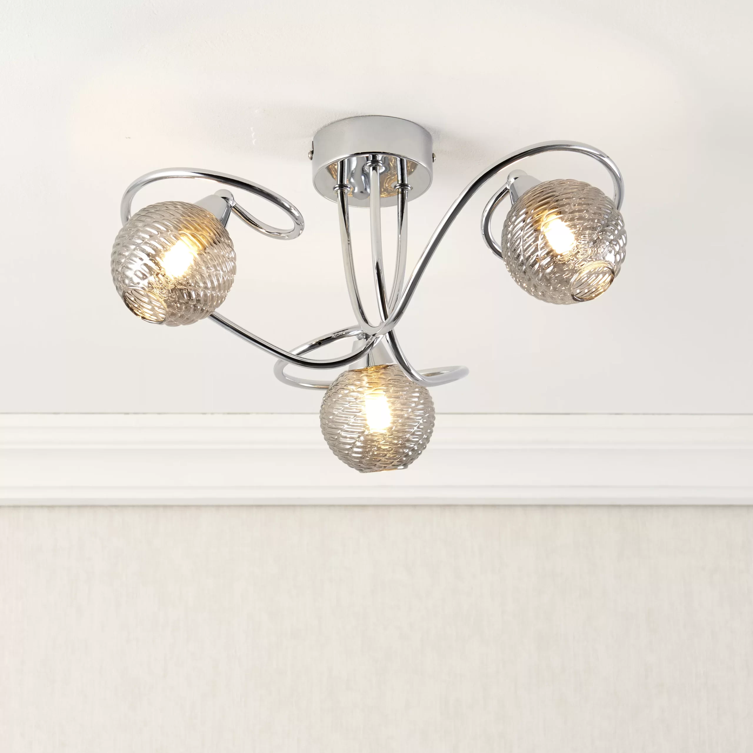 Swirl Spiral Gloss Glass & Steel Silver Effect 3 Lamp Ceiling Light 3 Swirl Spiral Gloss Glass & Steel Silver Effect 3 Lamp Ceiling Light