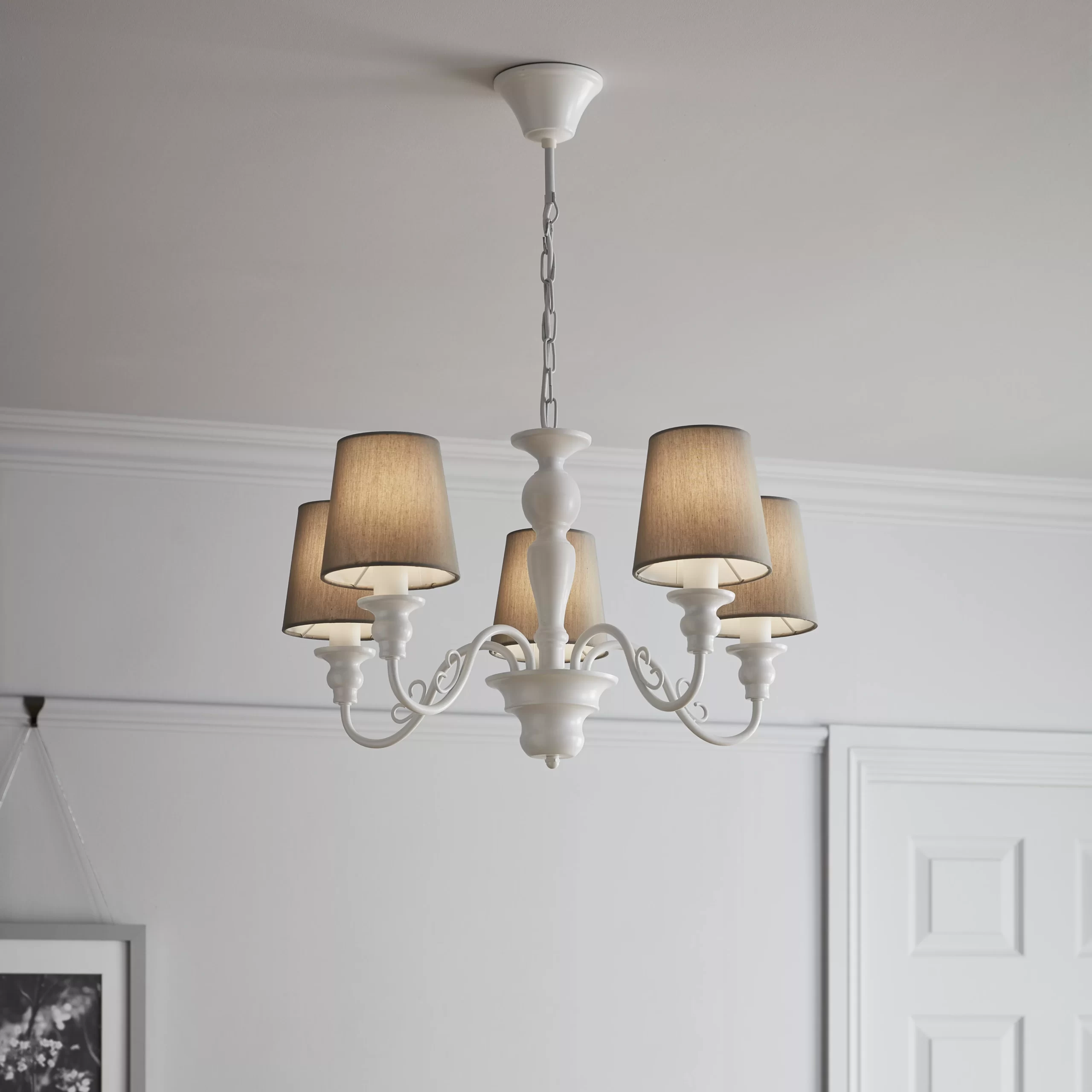 Tulou Grey & White Wood Effect 5 Lamp Pendant Ceiling Light, (Dia)610mm 3 Tulou Grey & White Wood Effect 5 Lamp Pendant Ceiling Light, (Dia)610mm