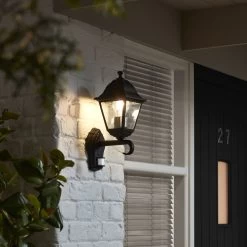 Varennes Fixed Matt Black PIR Motion Sensor Outdoor Lantern Wall Light 60W